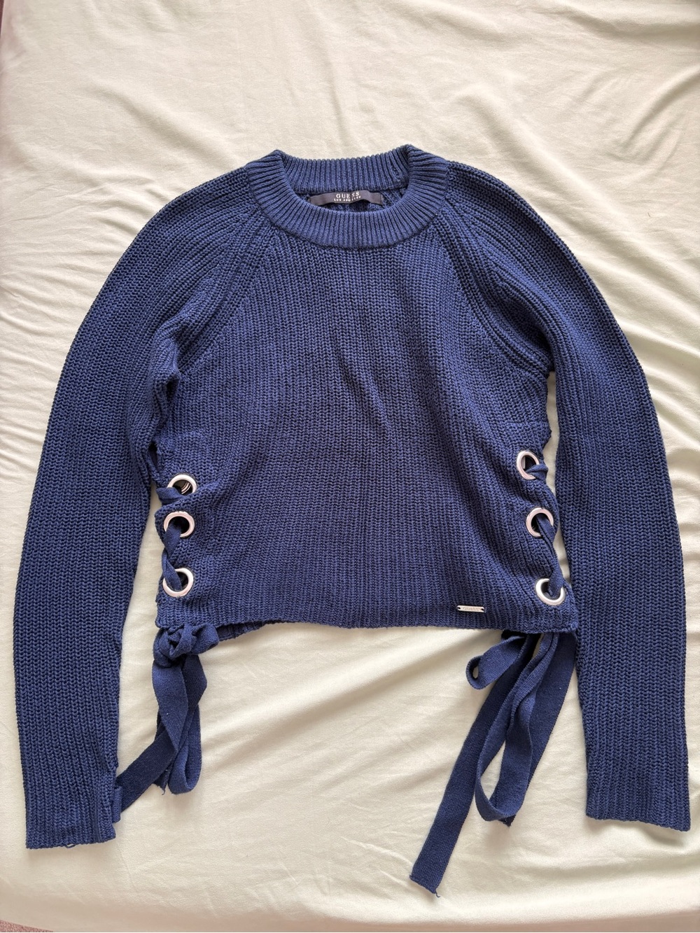 Guess Navy Blue Crewneck Sweater with Side Lace Ties